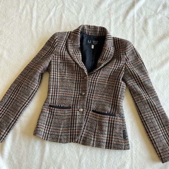 Armani Jeans Vintage Classic Plaid | Herringbone Wool Blend Blazer Size 6 - Picture 13 of 15